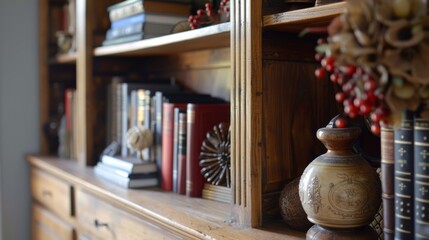 Cozy wooden bookshelf with vibrant red books, dried flowers, and a ceramic pot, creating a warm and inviting home library. Perfect for literature lovers and design enthusiasts