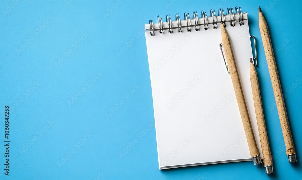 Poster a blank notepad with pencils and a pen on a blue background, ready for notes or sketches.