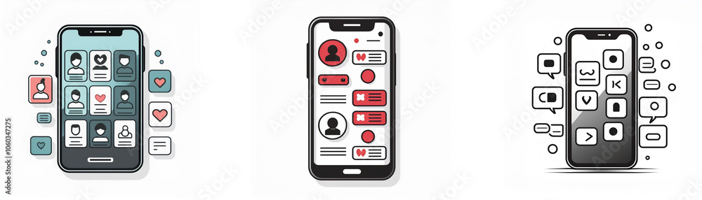 Aufkleber Three smartphones with various apps and icons displayed on their screens.