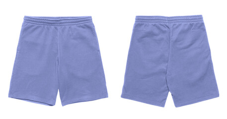 Blue sweat shorts, front and back views.