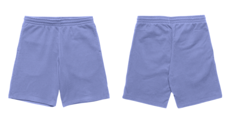 Blue sweat shorts, front and back views.