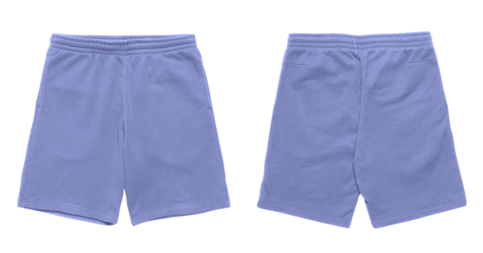 Blue sweat shorts, front and back views.