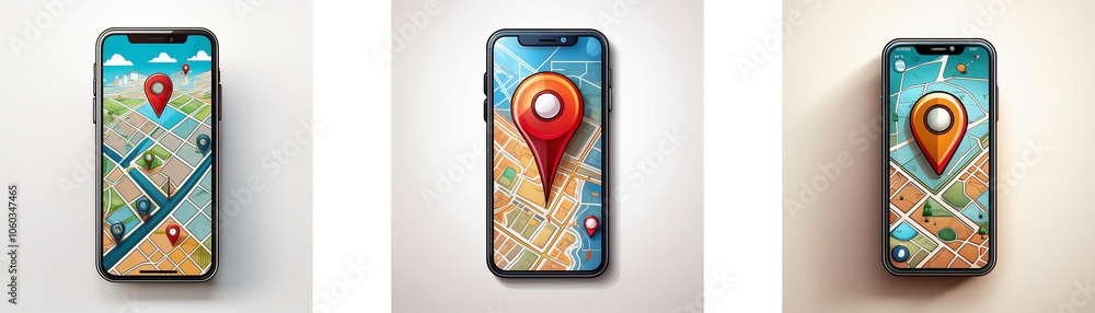 Leinwandbilder three smartphones with different map apps displaying location pins.