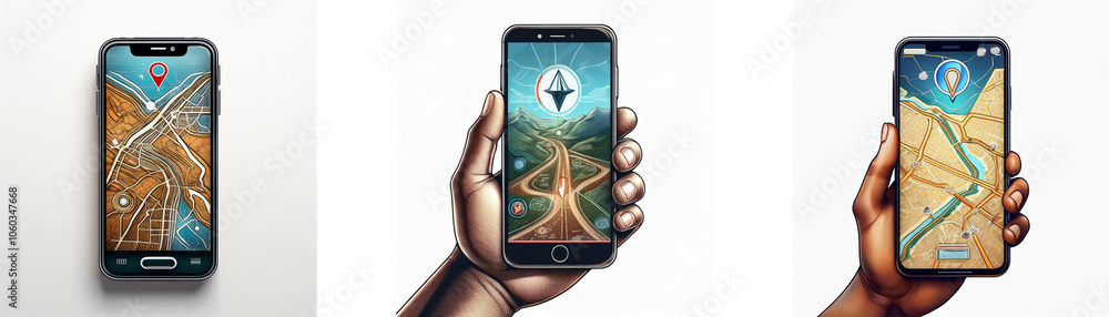 Poster three hands hold smartphones with navigation apps open on the screen.