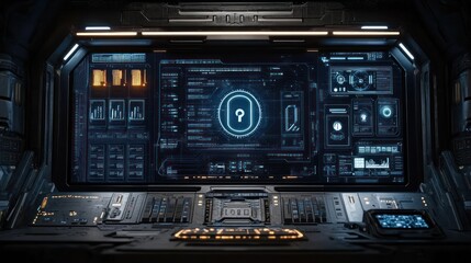 Futuristic control panel with a glowing blue key icon on a large screen.