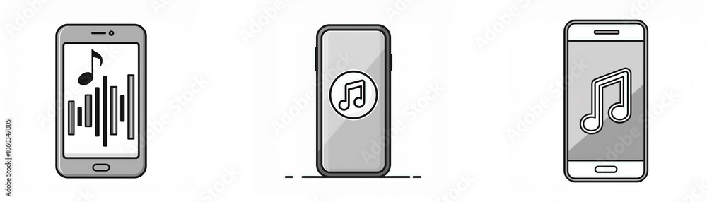 Aufkleber three simple black and white illustrations of a mobile phone with music notes.