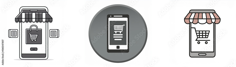 Poster three different designs of a smartphone with a shopping cart symbol representing online shopping.