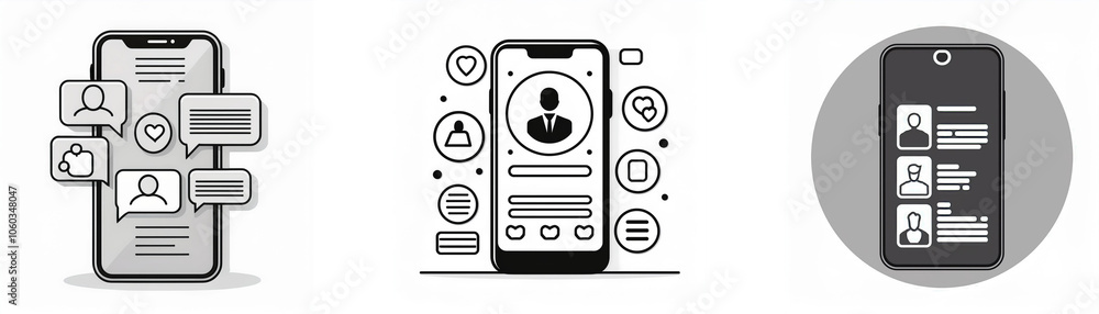 Leinwandbilder three different depictions of a mobile phone, each with a different interface.