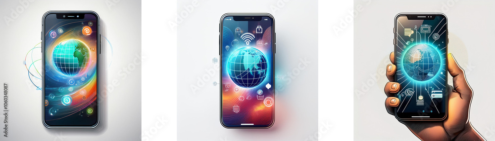 Aufkleber Three different perspectives of a smartphone displaying a glowing orb icon on the screen, surrounded by colorful abstract elements.
