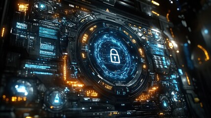 Futuristic digital interface with a glowing padlock icon.