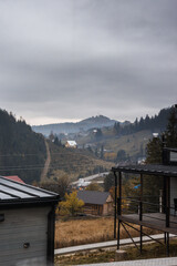 beautiful autumn landscape with wooden house in the carpathians. nature, ukraine