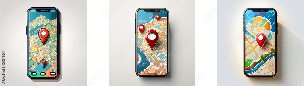 Aufkleber three smartphones with map applications, each with one or more red location pins.