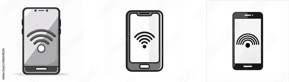 Poster three smartphones with different styles of wifi symbol displayed on their screens.
