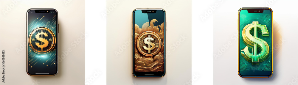 Aufkleber three smartphones with different backgrounds, each displaying a large golden dollar sign in the cent