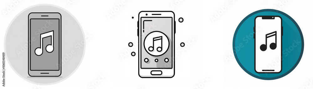 Poster Three different styles of an outline smartphone with music note icon on the screen.