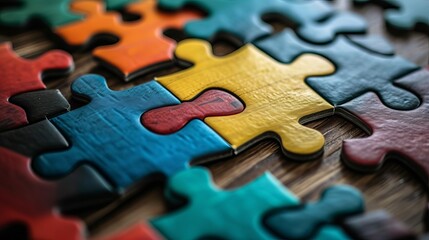 Close-up of colorful puzzle pieces interlocked together, representing unity and collaboration.