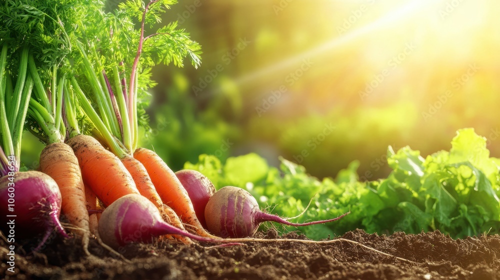 Poster freshly harvested carrots, beets, and onions glowing in sunlight with soft soil and greenery surroun
