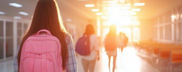 A student walking towards sunlight in a school corridor, carrying a pink backpack, warm glowing ambiance.