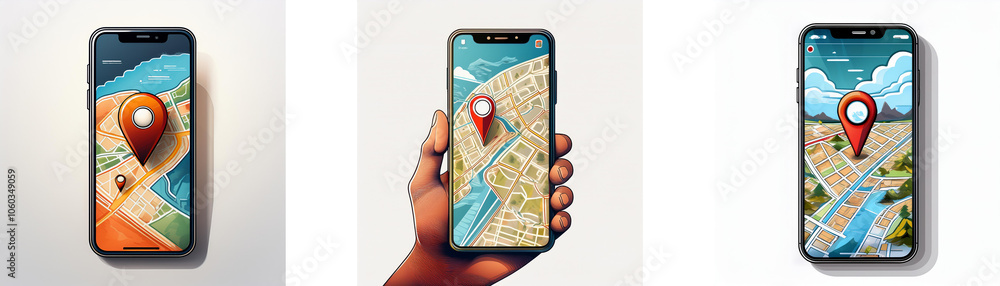 Leinwandbilder three smartphones display a map app with a red pin marking a location.