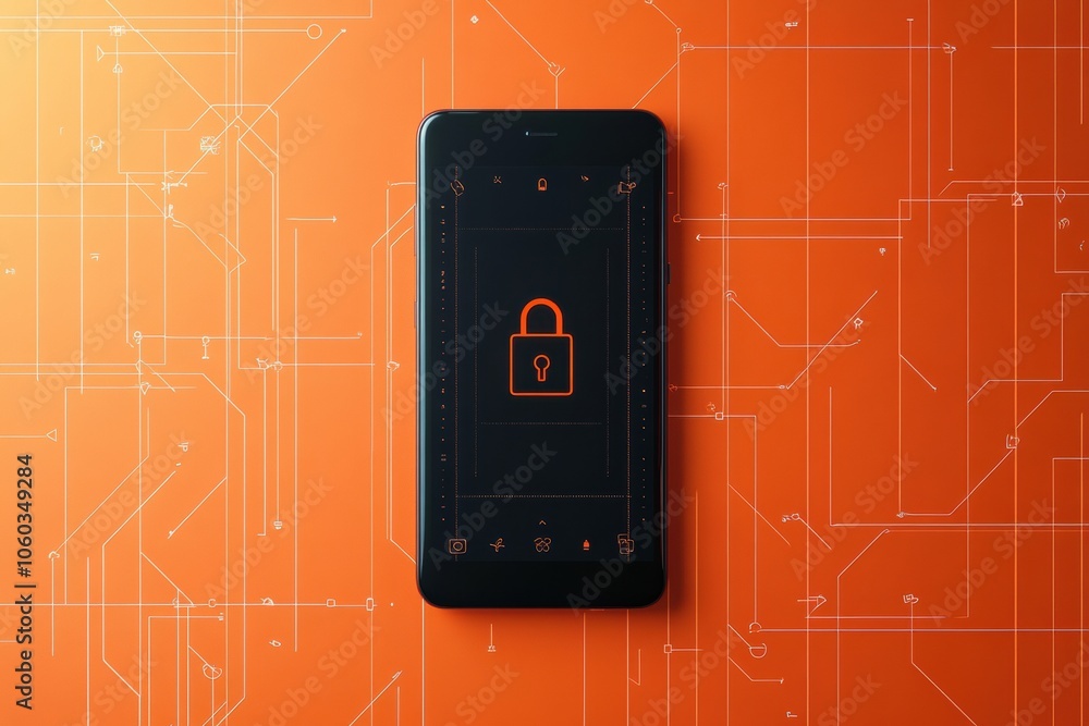 Poster a smartphone screen showcases a lock icon, symbolizing security measures and digital privacy in a te