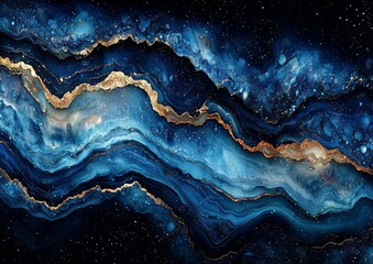 A mesmerizing abstract design featuring swirling blue and gold patterns resembling cosmic elements.