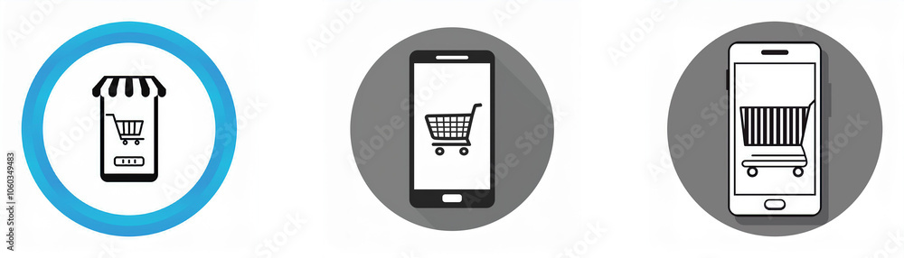 Poster three icons depict mobile shopping, including a storefront and a shopping cart on a smartphone scree
