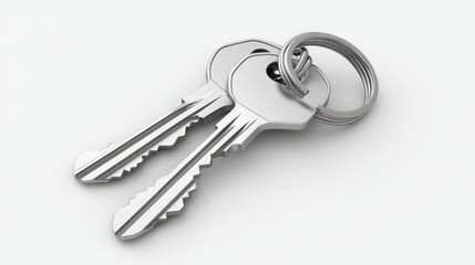 Crisp 3D render of a set of keys featuring a detailed keychain, captured with sharp, clear details. The keys and keychain are centered on a white background