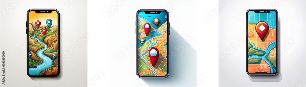 Aufkleber three smartphones displaying maps with location pin markers.