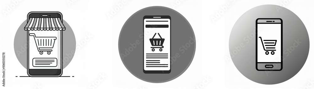 Aufkleber three icons featuring a smartphone with a shopping cart inside.