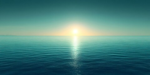 Obraz premium A serene sunrise over calm waters, depicting a gradient of blues with the sun reflecting off the tranquil surface, creating a peaceful and idyllic atmosphere.