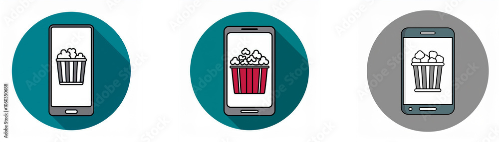 Aufkleber Three smartphone icons with different colored backgrounds showing a bucket of popcorn on the screen.