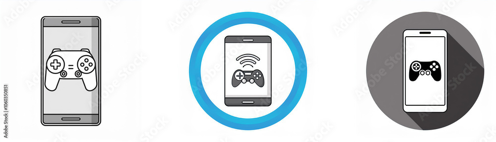 Poster three icons of a smartphone with a game controller on the screen, one shows a wireless connection