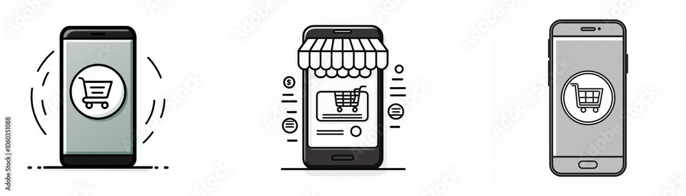 Poster three illustrations of smartphones with a shopping cart icon on the screen, one with a notification,
