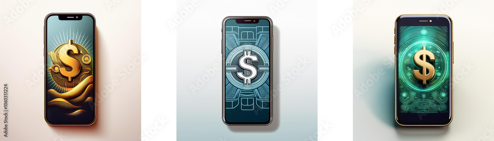 Poster three different smartphones with a dollar sign displayed on their screens.
