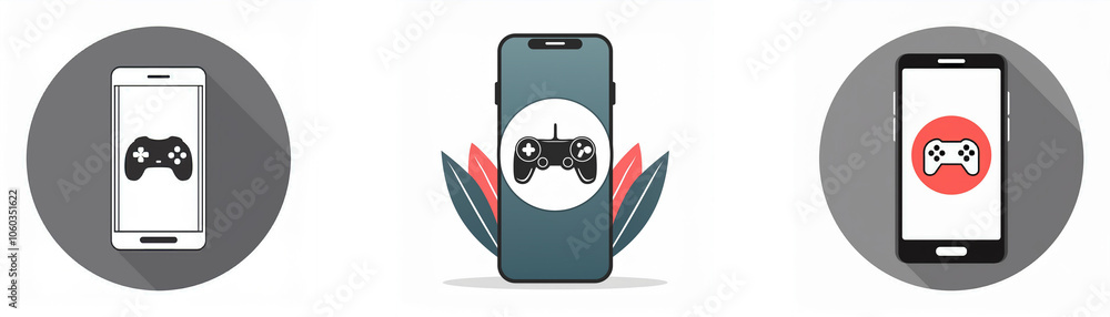 Poster Three smartphones with a gamepad icon on the screen. The middle phone is surrounded by leaves.