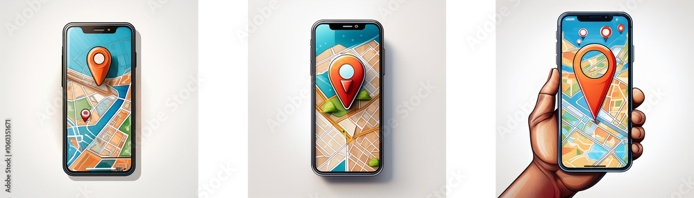 Poster smartphone displays a map with a red location pin.