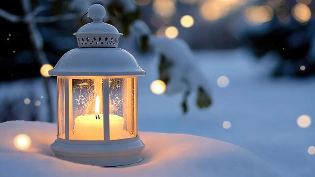 White lantern with candle light on snow with a blurred background. Seamless looping video background animation. Generated with AI
