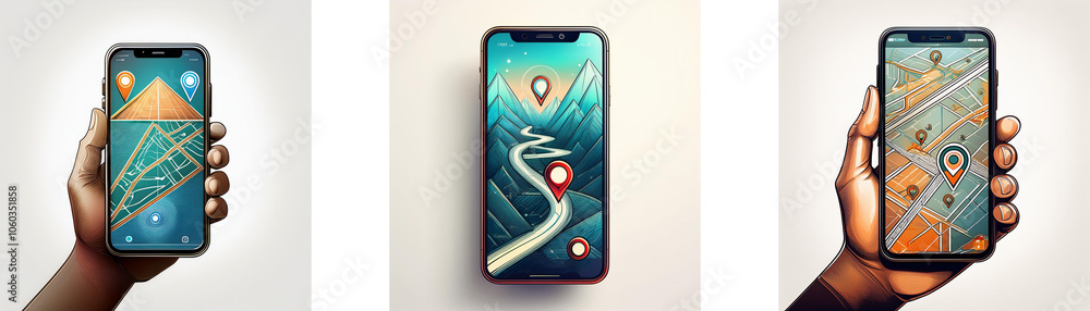 Poster three hands hold smartphones displaying maps with location pins.