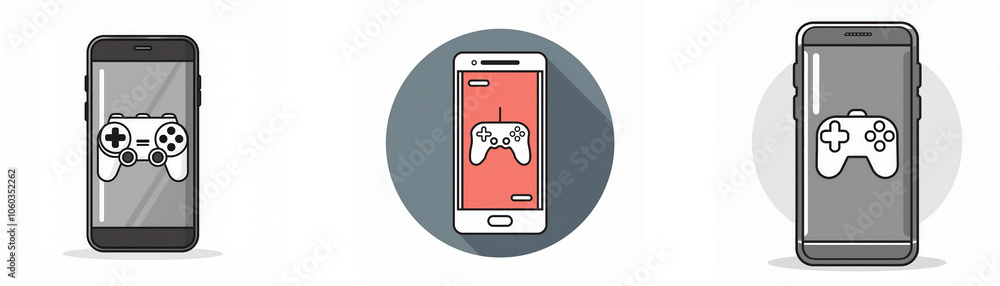 Poster three mobile phones displaying a video game controller icon.