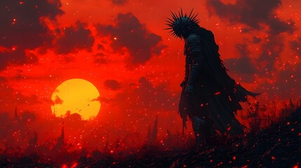 Fierce Warrior Silhouetted Against Fiery Blood-Red Sunset with Floating Sparks and Gritty Textures