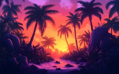 A serene tropical landscape featuring palm trees silhouetted against a vibrant sunset, with colors ranging from deep purple to warm orange hues, creating a tranquil ambiance.