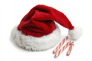 Red Christmas Hat with Candy Canes on White Background