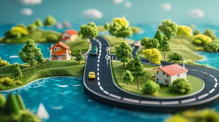 A miniature model of a town with winding roads and colorful houses nestled among lush greenery.