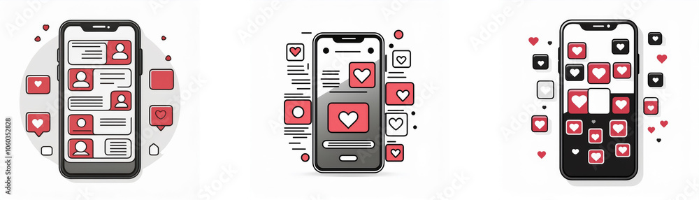 Aufkleber three illustrations of a smartphone screen displaying social media app interface with various heart-