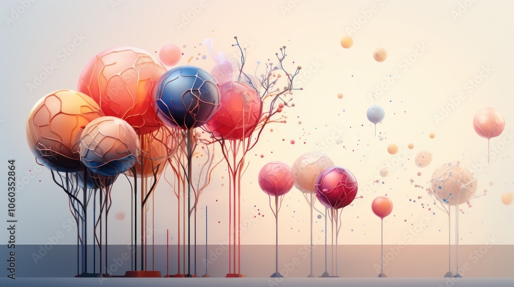 Poster abstract trees with colorful spherical forms, blending nature and art.