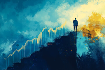 A man standing on top of a stairway leading up to a mountain