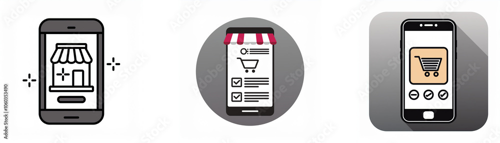 Poster three smartphone icons with different design styles for shopping online.