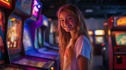 Obraz premium A dimly lit room filled with vintage arcade machines, their screens glowing with vivid colors, creating a nostalgic ambiance that pays homage to the golden age of gaming