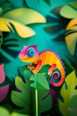 Obraz premium Colorful paper chameleon art nestled among vibrant tropical leaves in a captivating jungle setting.
