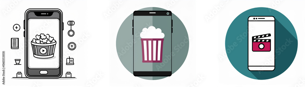 Poster three smartphone icons, each with a different image: a bucket of popcorn, a bucket of popcorn, and a